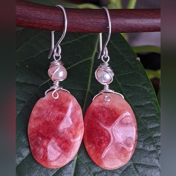 Strawberry Rhodochrosite Earrings Handmade In Pure Sterling Silver With Pearls - Picture 16 of 16